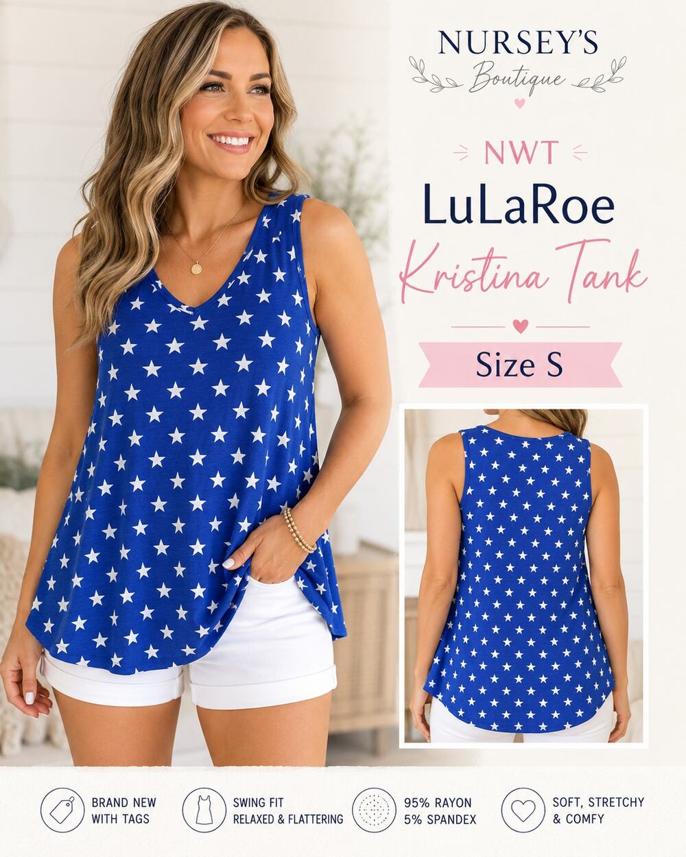 LuLaRoe NWT  Kristina S Blue White Stars Patriotic Swing Tank Top